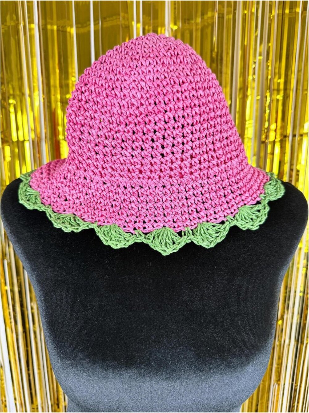 Crochet‎ Bucket Hat Pink Green Knit Hat Summer Boho